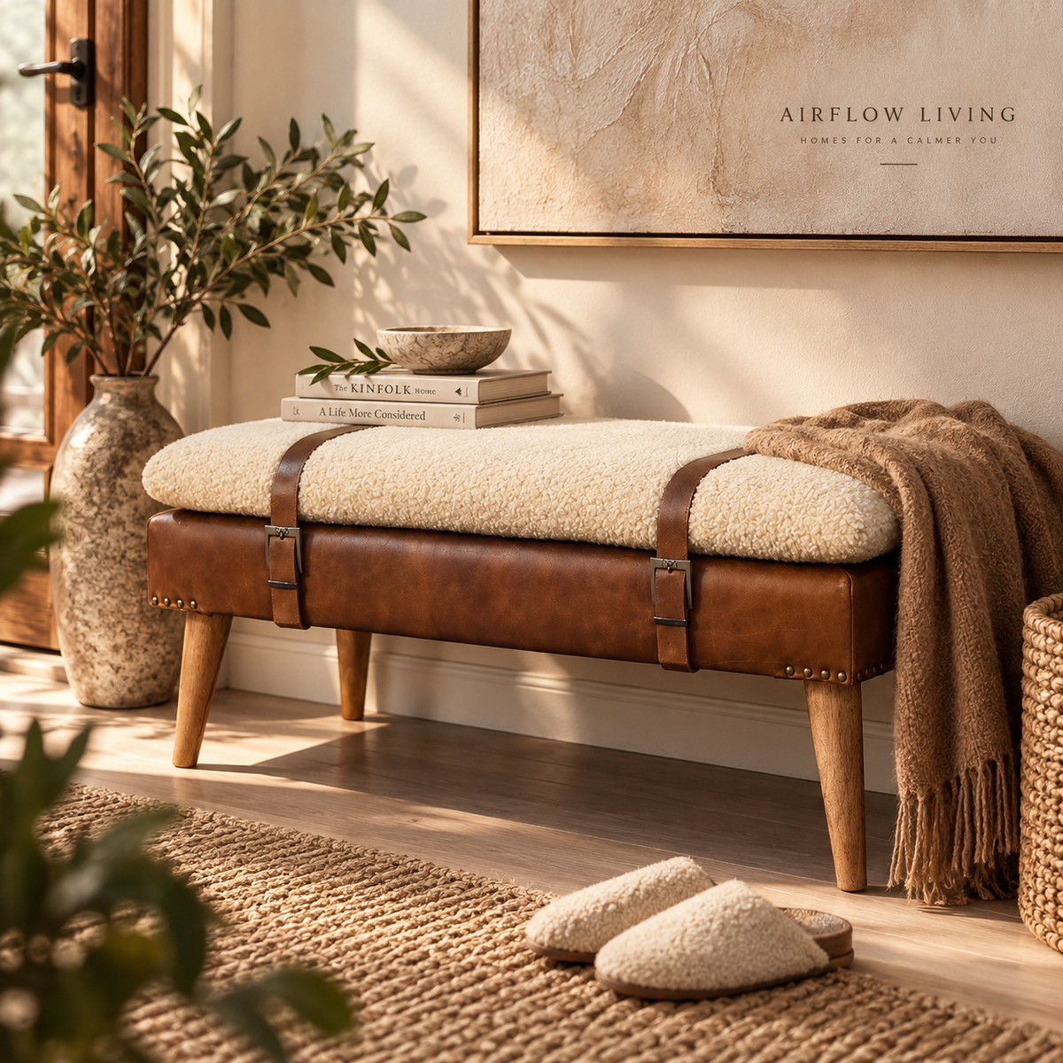 Arden Bouclé & Buffalo Leather Bench