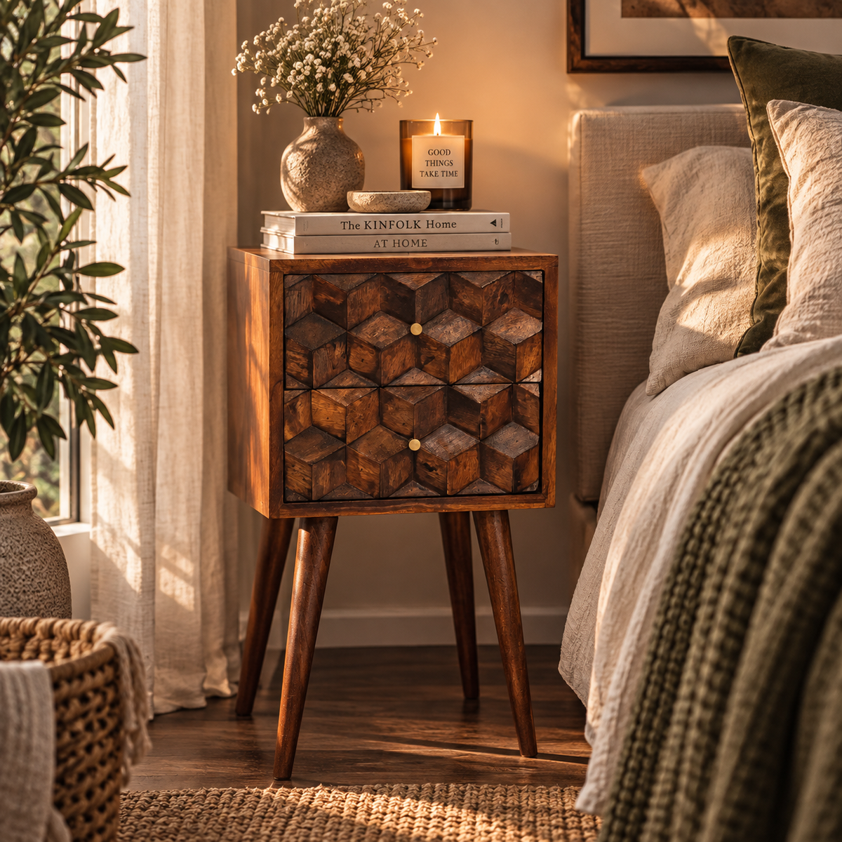 Chestnut Cube 2-Drawer Bedside Table