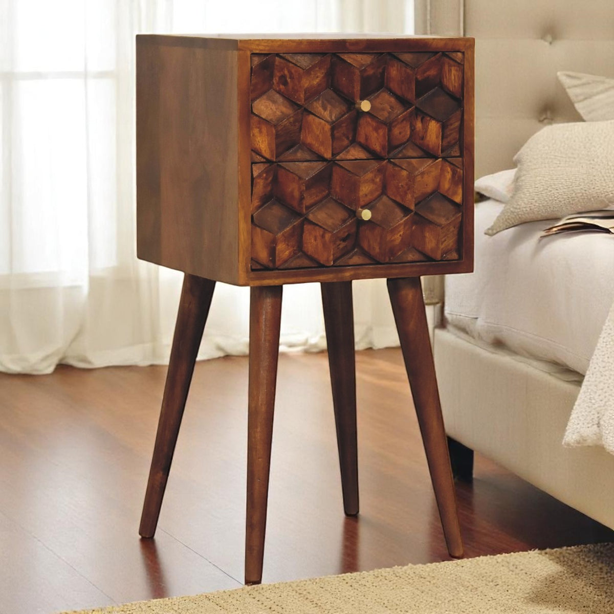 Chestnut Cube 2-Drawer Bedside Table