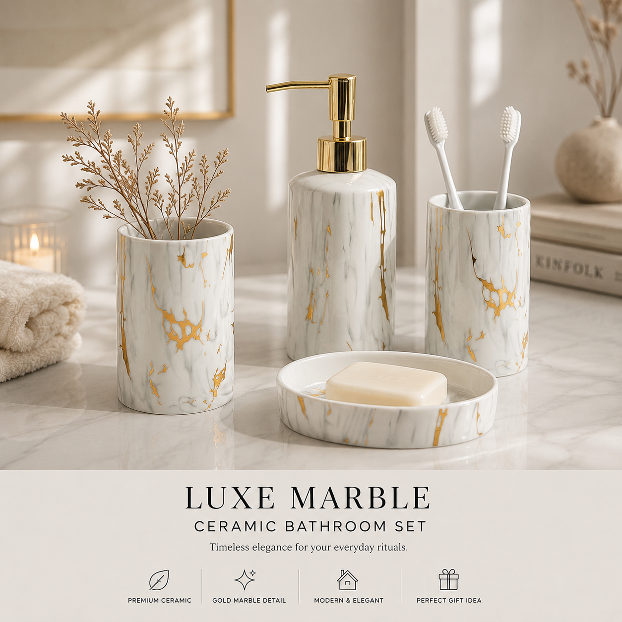 Luxe Marble Ceramic Bathroom Set White&Gold