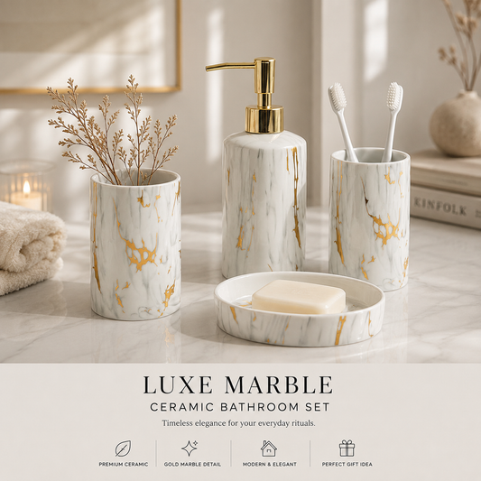 Luxe Marble Ceramic Bathroom Set White&Gold