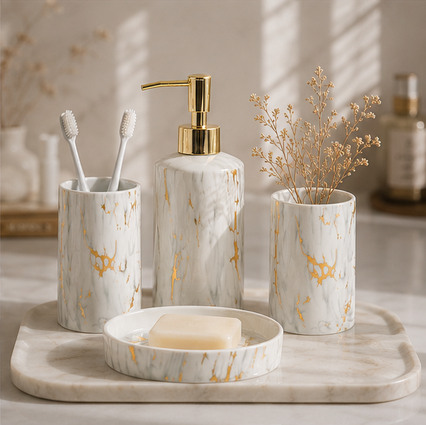 Luxe Marble Ceramic Bathroom Set White&Gold