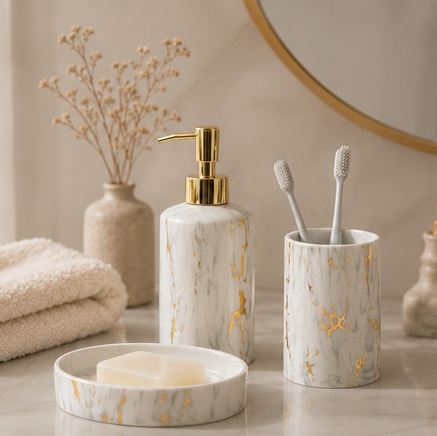 Luxe Marble Ceramic Bathroom Set White&Gold
