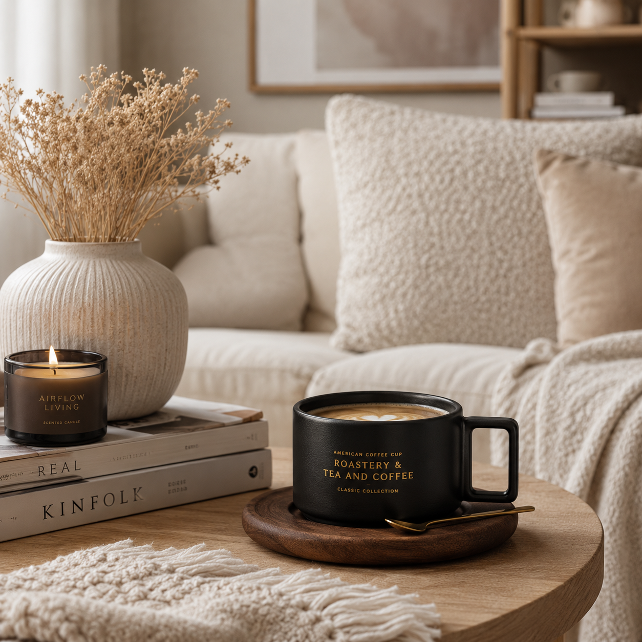 Luxury Ceramic Coffee Cup Set with Wooden Saucer & Gold Spoon – 320ml