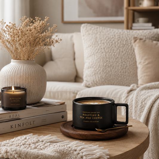 Luxury Ceramic Coffee Cup Set with Wooden Saucer & Gold Spoon – 320ml