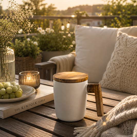 Nordic Ceramic Mug with Wooden Lid & Handle – 350ml